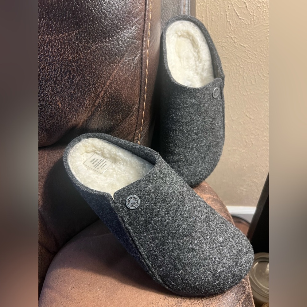 Grey Birkenstock slip on shoes